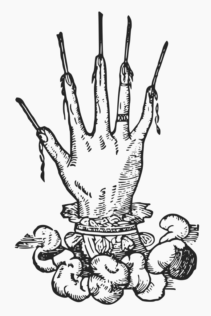 V některých případech byly do Ruky slávy doplněny i improvizované „knoty“. V této variantě byly „svíčkami“ jednotlivé prsty. Zdroj obrázku: Albertus Parvus Lucius, CC BY-SA 4.0 <https://creativecommons.org/licenses/by-sa/4.0>, via Wikimedia Commons