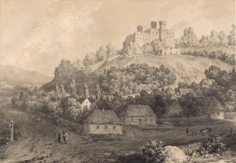 Historické vyobrazení hradu Ogrodzieniec. Zdroj foto: Napoleon Orda, Public domain, via Wikimedia Commons