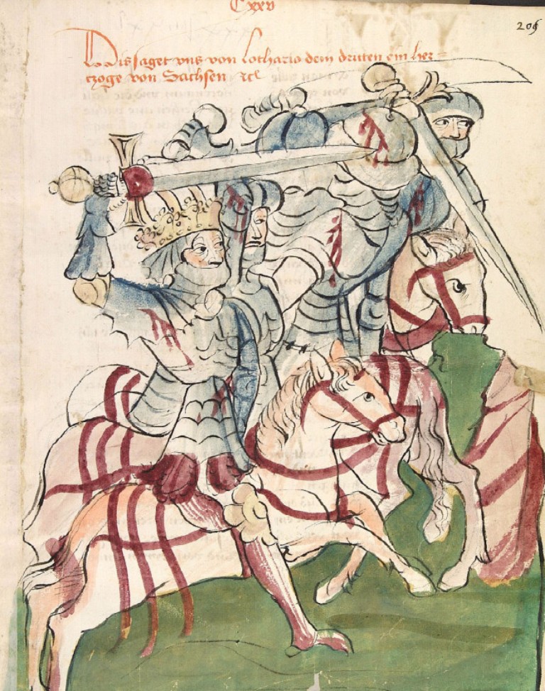 Porážka Lothara III. na vyobrazení v historické kronice. Zdroj obrázku: See page for author, Public domain, via Wikimedia Commons