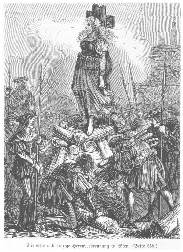 Procesy s čarodějnicemi končily většinou ortelem smrti a upálením na hranici. Zdroj obrázku: See page for author, Public domain, via Wikimedia Commons