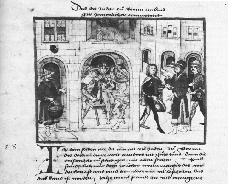 Ilustrace z kroniky k údajné rituální vraždě, která v Bernu spustila sérii protižidovských pogromů. Zdroj obrázku: Diebold Schilling der Ältere, Public domain, via Wikimedia Commons