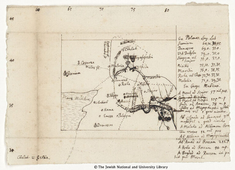 Newtonova mapa zobrazující klíčovou oblast, kde se odehrají události spojené s koncem světa. Zdroj obrázku: Isaac Newton (1643-1727), CC BY-SA 3.0 <https://creativecommons.org/licenses/by-sa/3.0>, via Wikimedia Commons