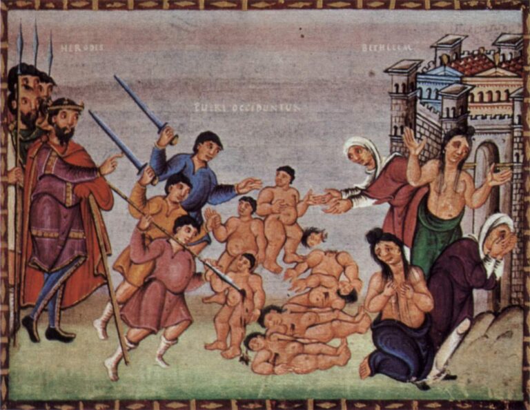 Poměrně explicitní vyobrazení masakru na stránkách středověkého kodexu z desátého století. Zdroj obrázku: Creator: Kerald (Meister des Codex Egberti), Public domain, via Wikimedia Commons