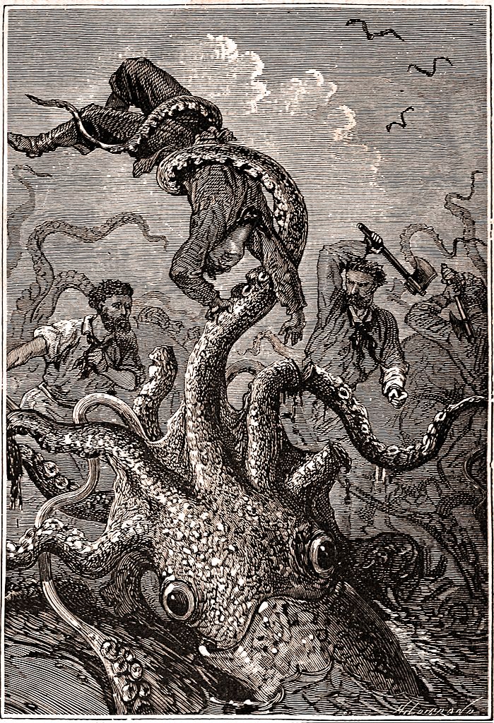 V Evropě nebyl mořský mnich explicitně útočným tvorem. Roli mořského monstra zde převzaly například chobotnice. Zdroj obrázku: Alphonse-Marie-Adolphe de Neuville, Public domain, via Wikimedia Commons