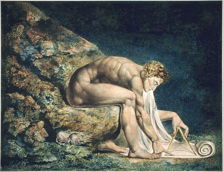 Takto zobrazil geniálního Isaaca Newtona anglický básník a grafik William Blake (1757-1827). Zdroj obrázku: William Blake, Public domain, via Wikimedia Commons