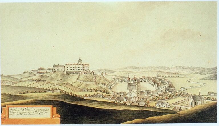 Tajemný hrad Homolka se měl nacházet v nejstarší části Náchoda, v současném katastrálním území Starého Města nad Metují. Zdroj obrázku: Johann Venuto (1746–1833), Public domain, via Wikimedia Commons