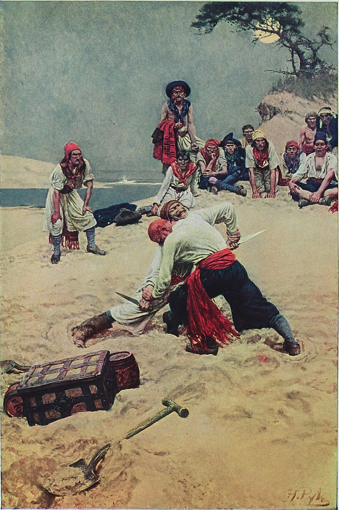 Piráti svoje peníze nenosili do banky, ale s oblibou ukrývali na plážích. V případě Palmyry jim ani nic jiného nezbývalo. Zdroj ilustračního obrázku: Howard Pyle, Public domain, via Wikimedia Commons