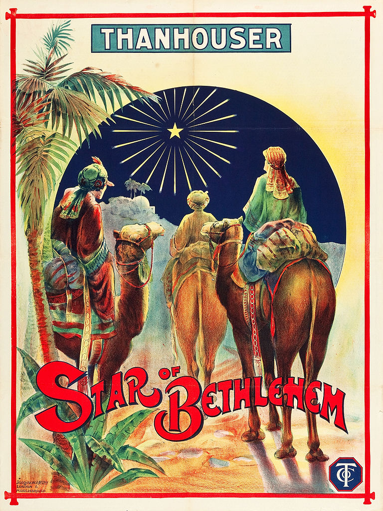 Za betlémskou hvězdou se vydali tři mudrcové i ve filmu z roku 1912. Dobový plakát je toho důkazem. Zdroj obrázku: Thanhouser Films, Public domain, via Wikimedia Commons