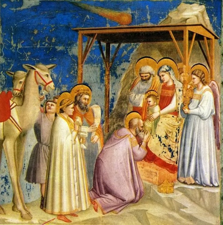 Giotto di Bondone zobrazil betlémskou hvězdu jako vlasatici-kometu. Inspirací mu zřejmě bylo pozorování Halleyovy komety v roce 1301. Zdroj obrázku: Giotto, Public domain, via Wikimedia Commons
