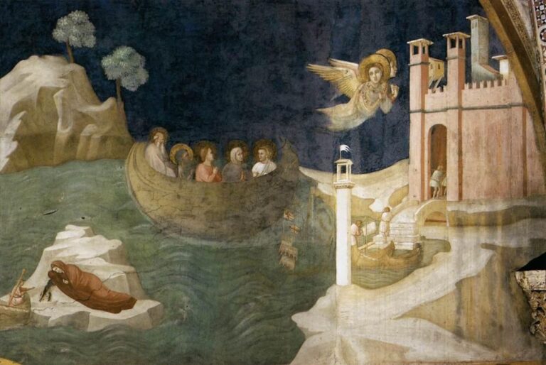 Máří Magdaléna a další stoupenci křesťanství připlouvají do přístavu ve starověké Massilii (dnešní Marseille). Mohla být tato legenda realitou? Zdroj obrázku: Giotto, Public domain, via Wikimedia Commons