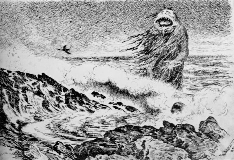 Záznamenán je i příběh o proměně draugra v trolla. Zdroj obrázku: Theodor Kittelsen, Public domain, via Wikimedia Commons