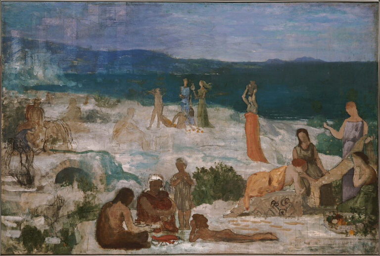 Malířova fantazie o ruchu na jihofrancouzských plážích v období antiky. Zdroj obrázku: Pierre Puvis de Chavannes, Public domain, via Wikimedia Commons