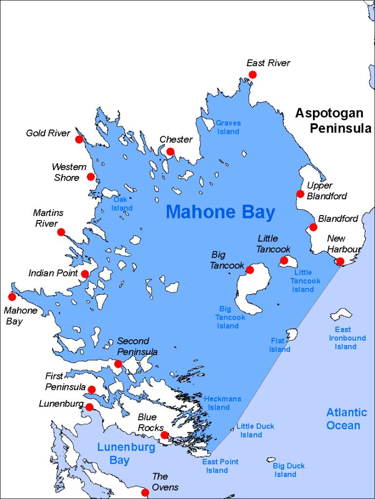 Mapa zátoky Mahone Bay. Zdroj obrázku: Plasma east at the English-language Wikipedia, CC BY-SA 3.0 , via Wikimedia Commons