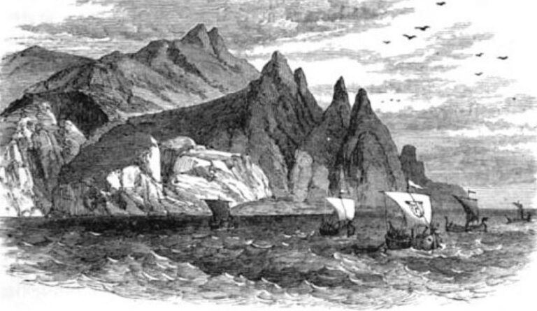 Madocova flotila vyplouvá vstříc transatlantickému dobrodružství. Zdroj obrázku: William Cullen Bryant / C. Scribner's Sons (1888), Public domain, via Wikimedia Commons