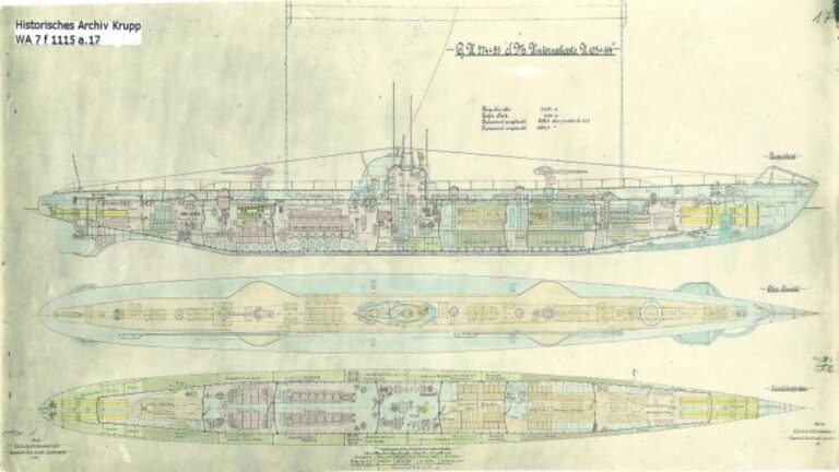 Konstrukční schéma německé ponorky. Stal se trup takového plavidla i hrobem pro nešťastnou posádku škuneru Zebrina? Zdroj obrázku: Historisches Archiv Krupp, Public domain, via Wikimedia Commons