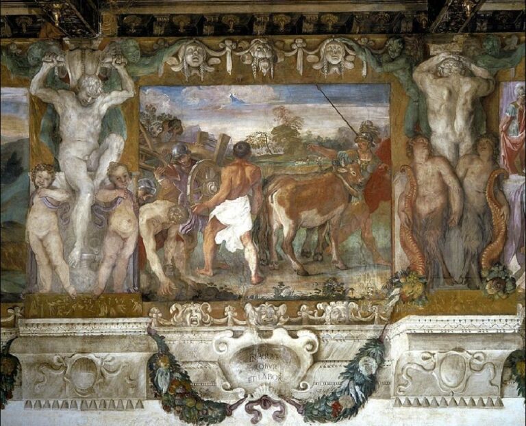 Romulus hloubí posvátným pluhem brázdu, která symbolizuje obranné linie nového města. Zdroj obrázku: Agostino Carracci, Public domain, via Wikimedia Commons
