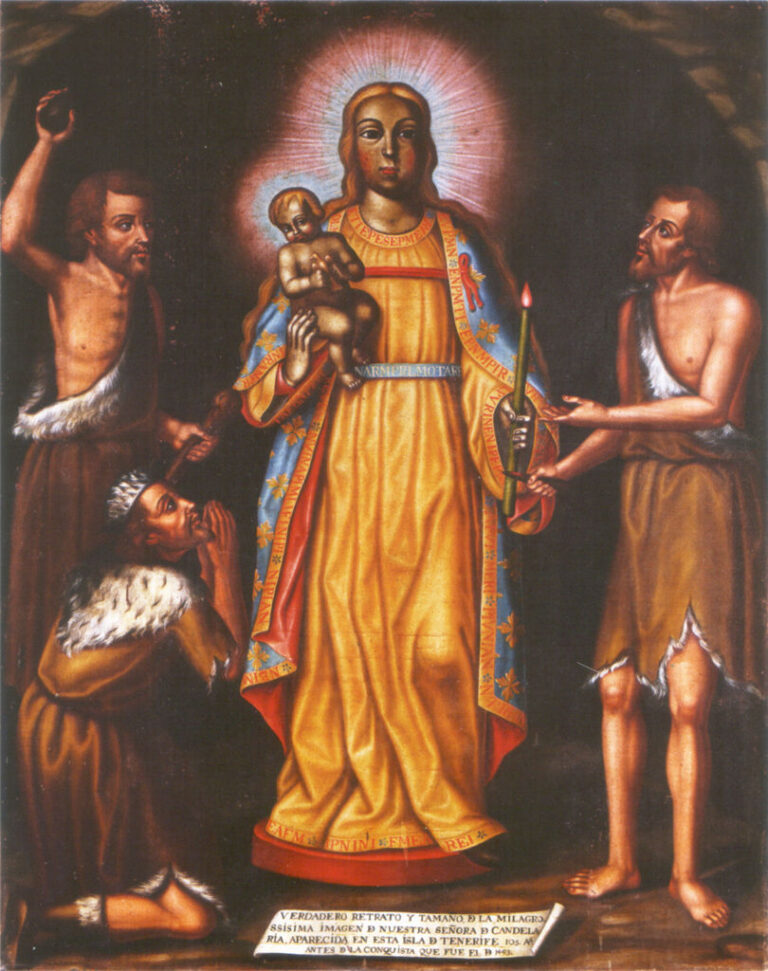 Socha černé Madonny obklopená domorodými Guanči. Historické vyobrazení z osmnáctého století. Zdroj obrázku: Ermita de las Angustias, Public domain, via Wikimedia Commons