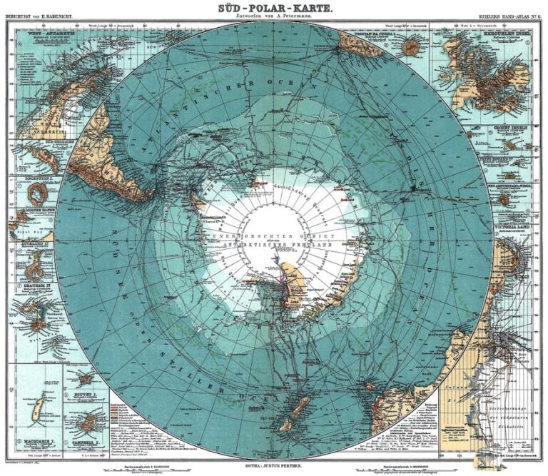Mapa Antarktidy z roku 1912. Tehdy ještě nikdo neměl o obřím impaktním kráteru ani tušení. Zdroj obrázku: August Heinrich Petermann, Public domain, via Wikimedia Commons