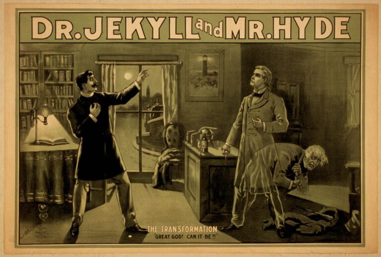 Plakát k divadelní hře na motivy knihy Podivný případ Dr. Jekylla a pana Hyda. Zdroj obrázku: Unknown author, published by the National Printing & Engraving Company, Chicago, Public domain, via Wikimedia Commons
