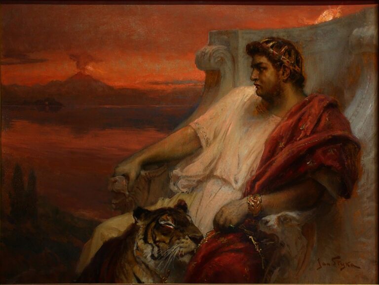 Mediální obraz císaře Nerona zůstává i po téměř dvou tisících letech krvavý, a to doslova. Je pravděpodobně i nositelem biblického cejchu bestie s číslem 666. Zdroj obrázku: Jan Styka, Public domain, via Wikimedia Commons