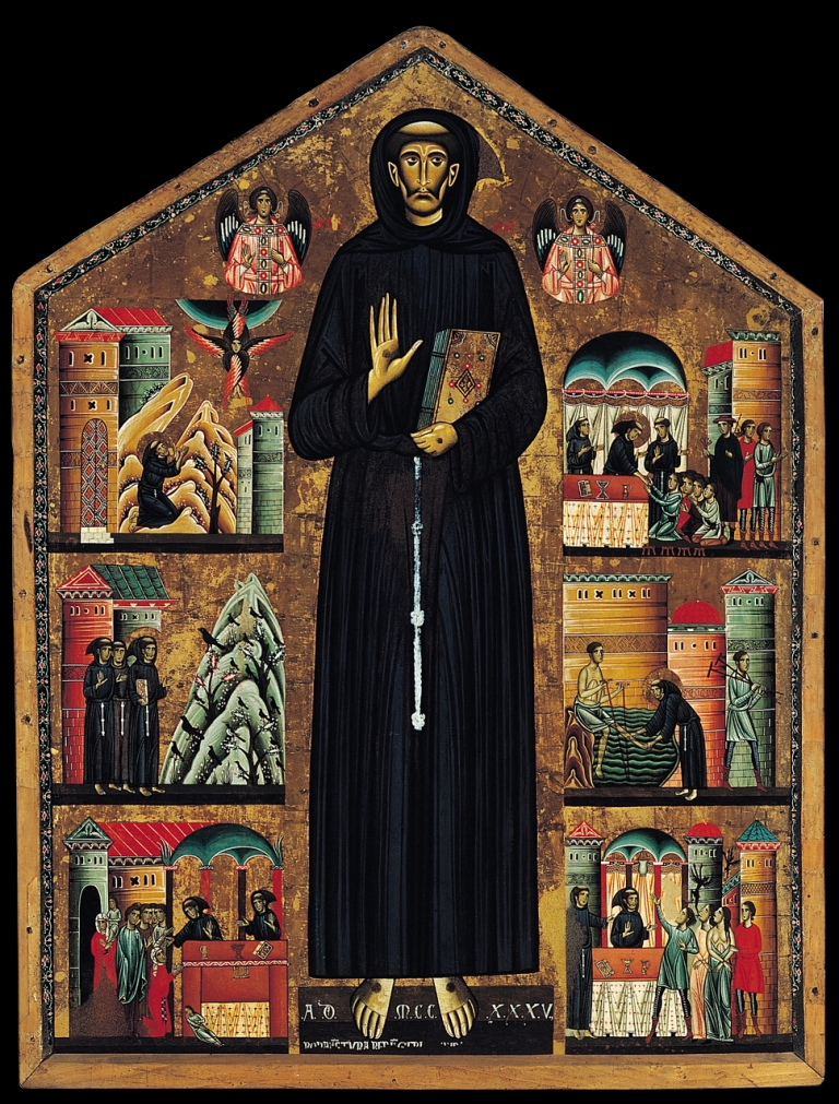 František z Assisi s naznačenými stigmaty na nohou a dlaních. Zdroj obrázku: Bonaventura Berlinghieri, Public domain, via Wikimedia Commons