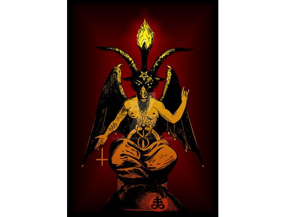 Vyobrazení Satana jako ďábla s kozí hlavou provází symboly obráceného kříže a také pentagramu.