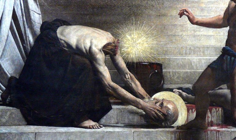 Svatý Diviš se po popravě sehne pro svoji useknutou hlavu – a odchází. Zdroj obrázku: Léon Bonnat, Public domain, via Wikimedia Commons