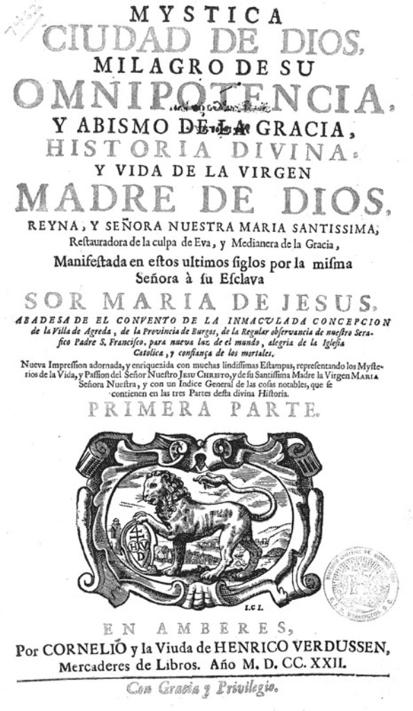 Úvodní strana životopisu Marie od Ježíše z Ágredy. Zdroj obrázku: Cornelio la viuda Henrico Verdussen, Public domain, via Wikimedia Commons