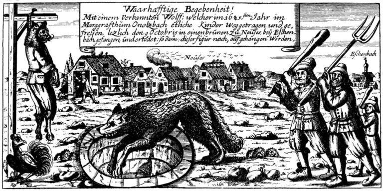 Vlk padá do nastražené pasti. Zdroj obrázku: See page for author, Public domain, via Wikimedia Commons