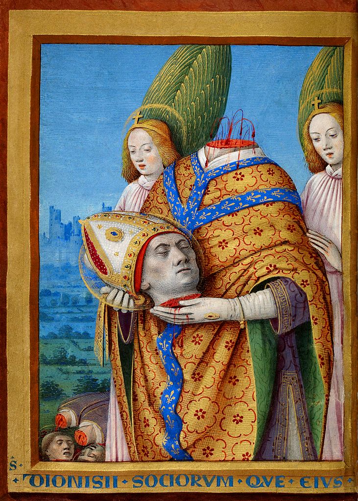 Vyobrazení svatého Diviše krátce po popravě. Zdroj obrázku: Jean Bourdichon, Public domain, via Wikimedia Commons