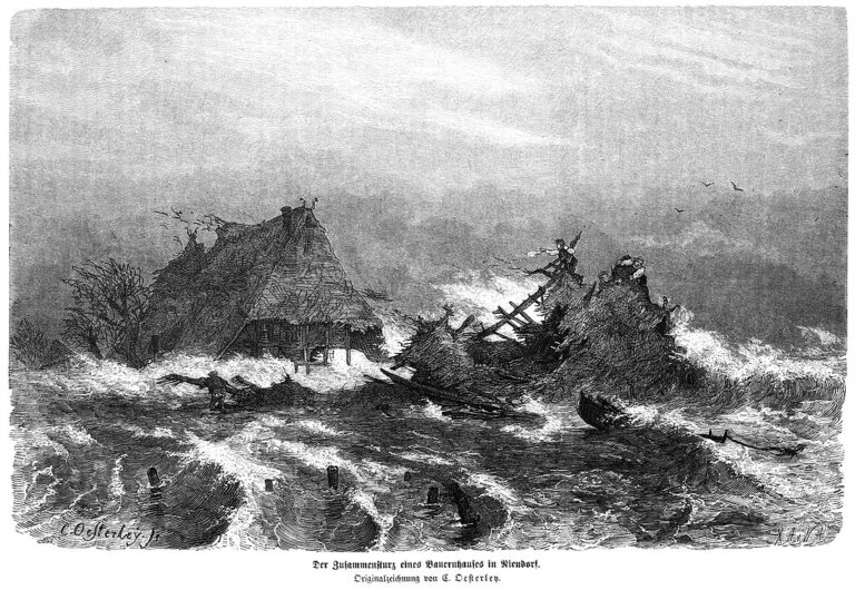 Expresivní vyobrazení ničivých bouřkových záplav na pobřeží Baltského moře. Zdroj obrázku: various, Public domain, via Wikimedia Commons