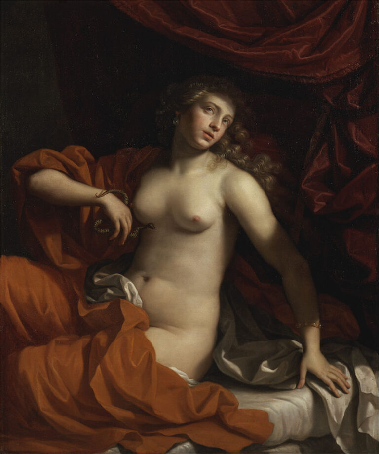 Tradovanou příčinou smrti Kleopatry je uštknutí hadem. Zdroj obrázku: Yale Center for British Art, Public domain, via Wikimedia Commons