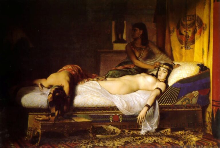 Smrt královny Kleopatry byla vždy oblíbeným motivem výtvarného umění. Zdroj obrázku: Jean-André Rixens, Public domain, via Wikimedia Commons