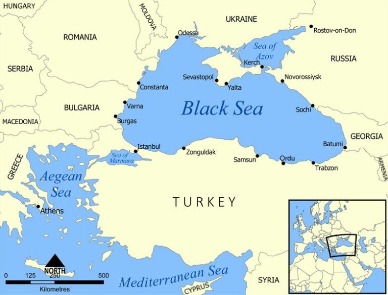 Mapa Černomoří (včetně Azovského moře) a části východního Středomoří. Zdroj obrázku: Created by User: NormanEinstein, CC BY-SA 3.0 <https://creativecommons.org/licenses/by-sa/3.0/>, via Wikimedia Commons