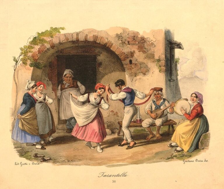Folkloristé se domnívají, že z extatických tanečních kreací tarantismu vznikl i italský lidový tanec Tarantella. Zdroj obrázku: British Museum, Public domain, via Wikimedia Commons