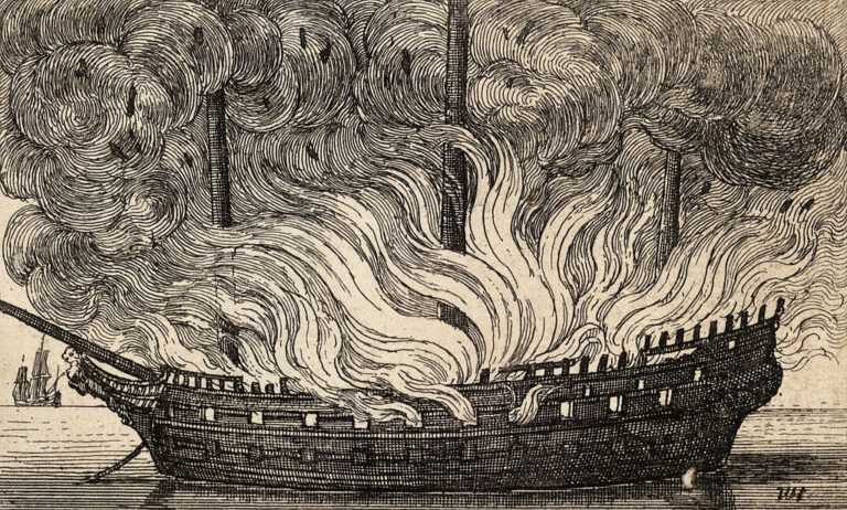 Hořící loď u pobřeží Ostrova prince Edvarda patří ke kanadským folklorním legendám. Zdroj ilustračního obrázku: Wenceslaus Hollar, Public domain, via Wikimedia Commons
