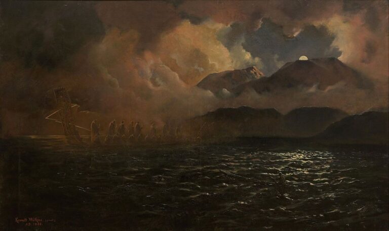 Přízrak maorské kánoe se rozplynul v mlze. Za jedenáct dní sopka Mount Tarawera vybuchne. Zdroj obrázku: Auckland Art Gallery, Public domain, via Wikimedia Commons