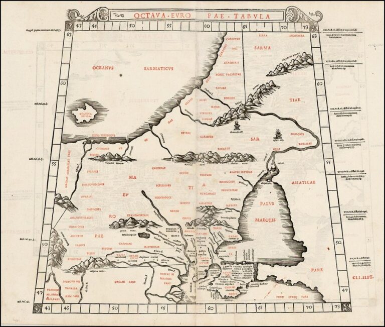 Renesanční mapa z šestnáctého století. Rifeské hory jsou zakresleny vpravo nahoře. Zdroj obrázku: Bernardo Silvano, Public domain, via Wikimedia Commons