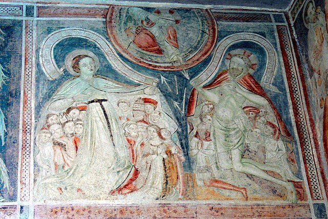Marie s Ježíšem ochraňují věřící před šípy moru na fresce z 15. století, foto Wolfgang Sauber / Creative Commons / CC BY-SA 3.0
