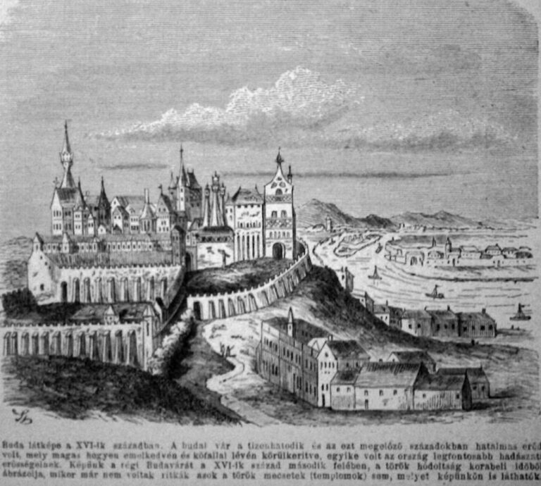 Historické vyobrazení Budínského hradu z 16. století. Zdroj obrázku: Tolnai -korabeli kép alapján, Public domain, via Wikimedia Commons