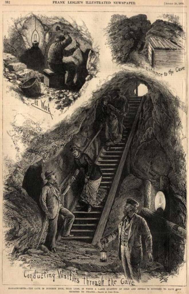 Hiram Marble hledá poklad – a provádí turisty. Zdroj obrázku: Frank Leslie's Illustrated Newspaper, August 1878, Public domain, via Wikimedia Commons
