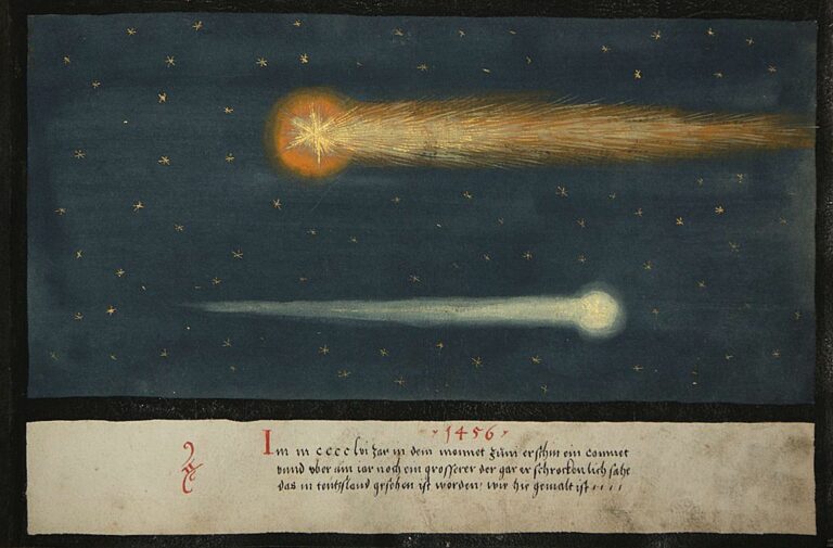 Nahoře je zachycena Halleyova kometa. Co však znamená menší objekt v dolní části? Zdroj obrázku: See page for author, Public domain, via Wikimedia Commons
