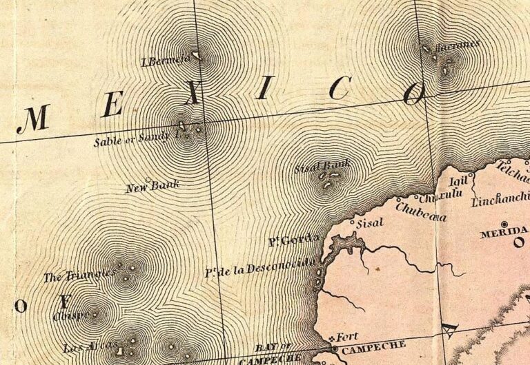 Fantomový ostrov Bermeja je zakreslený v horní části mapy – vlevo. Zdroj obrázku: Tanner, Henry S., Public domain, via Wikimedia Commons