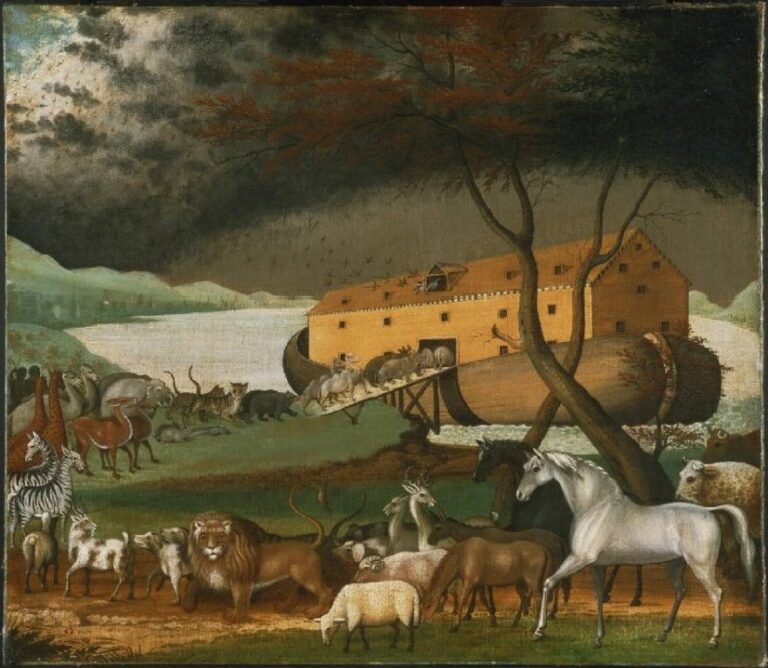 Noemova archa ve fantazii amerického malíře Edwarda Hickse (1780-1849). Zdroj obrázku: Edward Hicks, Public domain, via Wikimedia Commons