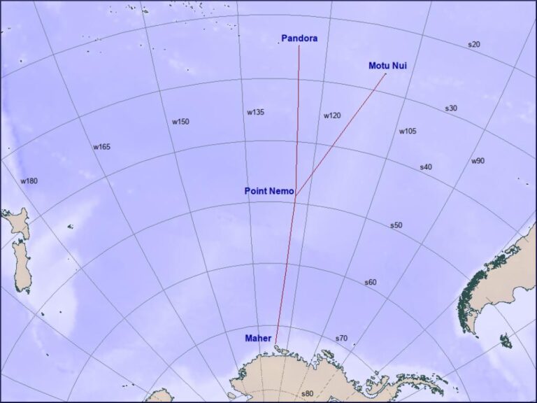 Point Nemo je jedním z nejodlehlejších míst na Zemi. Paradoxně blízko je to k němu z vesmíru. Zdroj obrázku: Ada Cukminski, CC BY-SA 4.0, via Wikimedia Commons