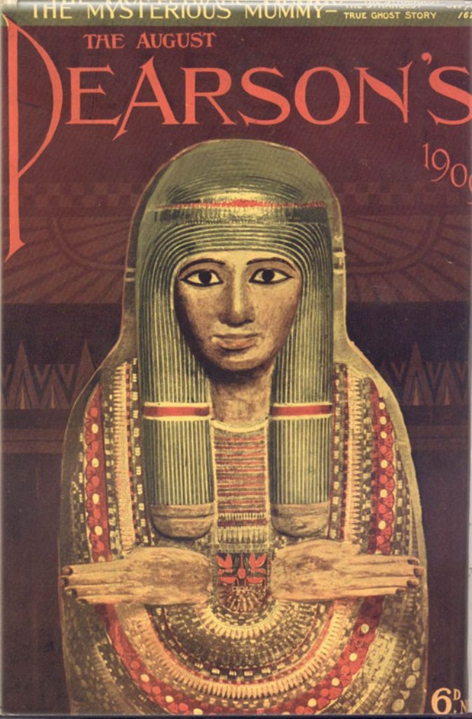 „Nešťastná mumie“ jako tvář titulní časopisecké strany. Zdroj obrázku: Pearson's Magazine, Public domain, via Wikimedia Commons