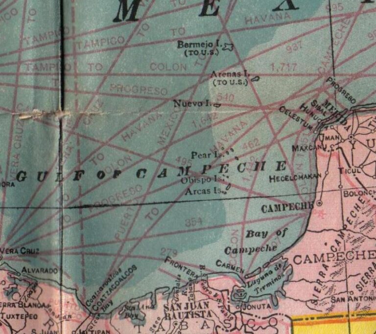 Ostrov Bermeja by byl velmi důležitý při stanovení hranic pro těžbu ropy z mořského dna. Pokud by byl ovšem k nalezení… Rivaly jsou Spojené státy a Mexiko. Zdroj obrázku: George F. Cram Company, Chicago, Public domain, via Wikimedia Commons