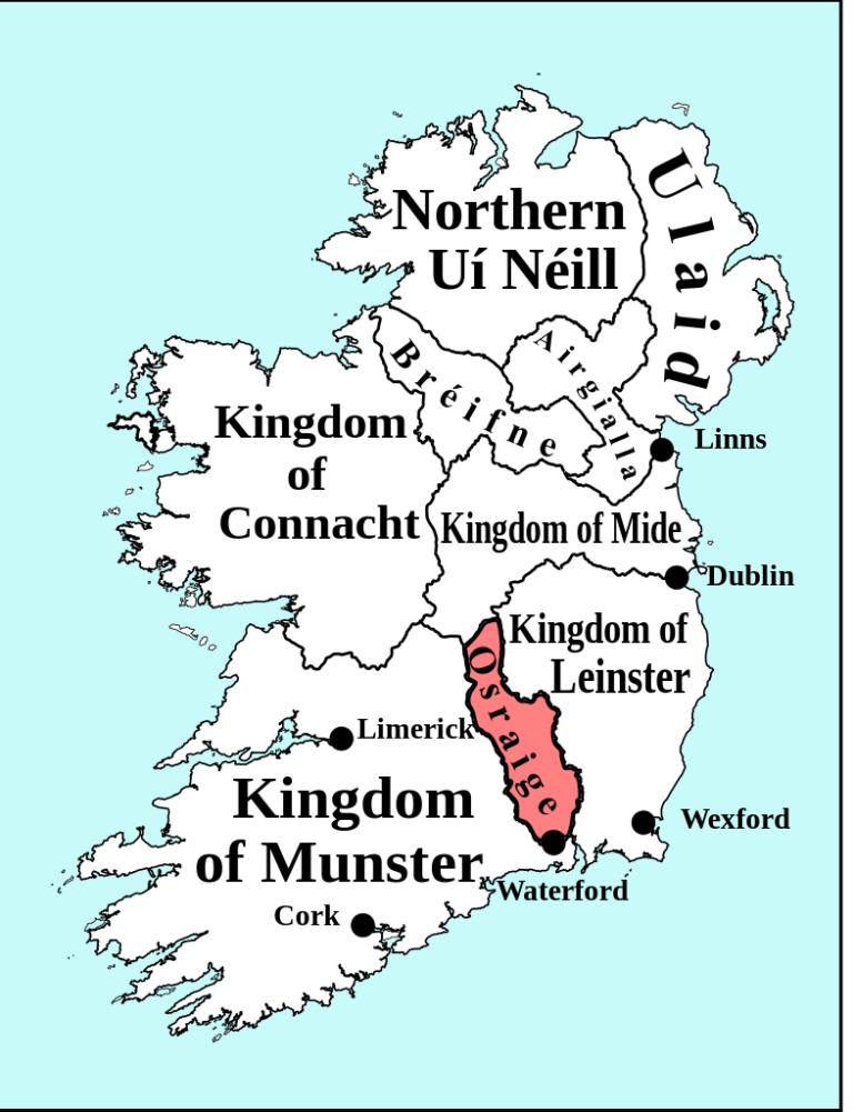 Království Ossory (jiným jménem i Osraige) na mapě raně středověkého Irska. Zdroj obrázku: Erigena, Public domain, via Wikimedia Commons