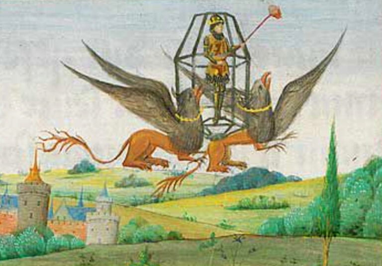 Alexandr Veliký jako letec na stroji „poháněném“ dvojicí griffinů. Místo kniplu má Alexandr v rukou tyč s kusem masa-potravy pro hladové „motory“. Zdroj obrázku: Jean Wauquelin, 1448-1449., Public domain, via Wikimedia Commons