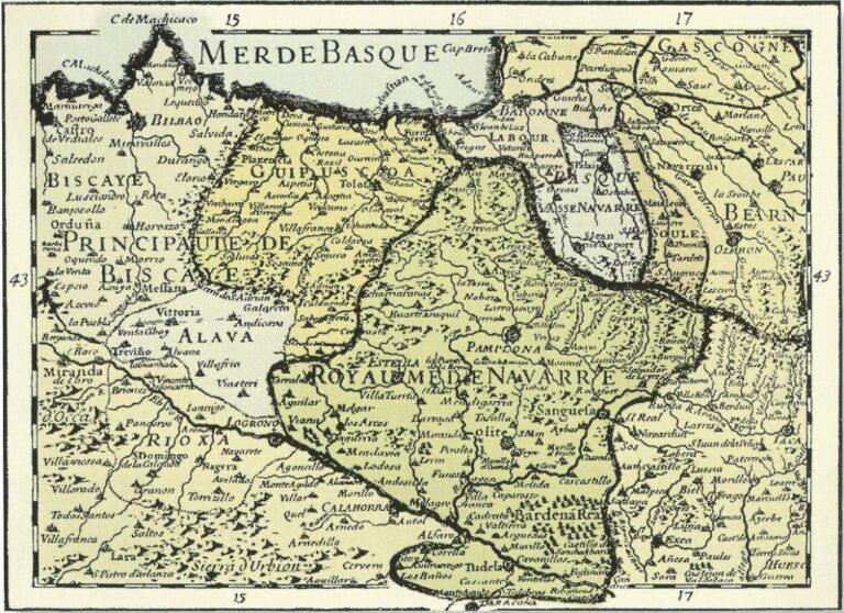 Mapa území Baskicka z osmnáctého století. Byl tento region místem, kde se potkávali člověk moderního typu a člověk neandrtálský? Zdroj obrázku: Charles Hubert Alexis Jaillot, Public domain, via Wikimedia Commons